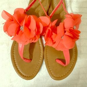 Flower,hot peach,rhinestone sandals